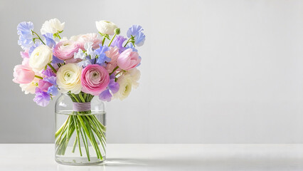 Beautiful bouquet of ranunculus and sweet peas for International Women's Day, perfect for greetings, marketing, and floral decor