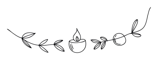 Simple line drawing of a candle with a burning flame surrounded by decorative leafy branches, perfect for religious or ceremonial event invitations and seasonal greeting cards.