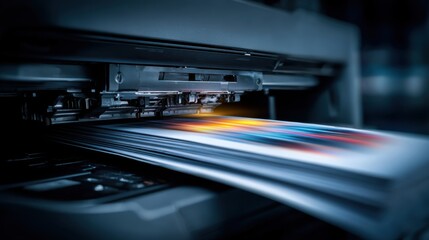 Close-up of a printer head printing a colorful document with motion blur