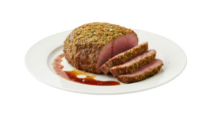 A plate of sliced crusted meat with red sauce on a transparent background