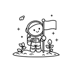 Fototapeta premium Smiling Astronaut Holding Flag on Moon with Plants