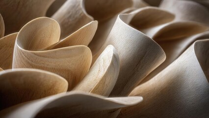 Curled beige wood shavings forming soft ribbon-like curls. Concept Beige wood shavings texture, Ribbon-like curls, Rustic close-up, Neutral palette, Organic wood fibers