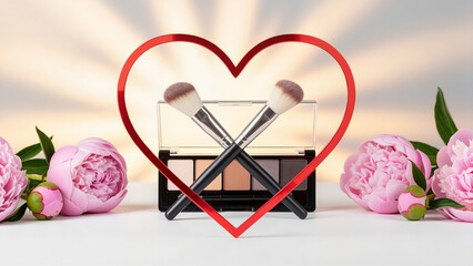Makeup set with brushes and peonies in a heart-shaped outline, for International Women's Day, ideal for makeup artists, marketing and promotions