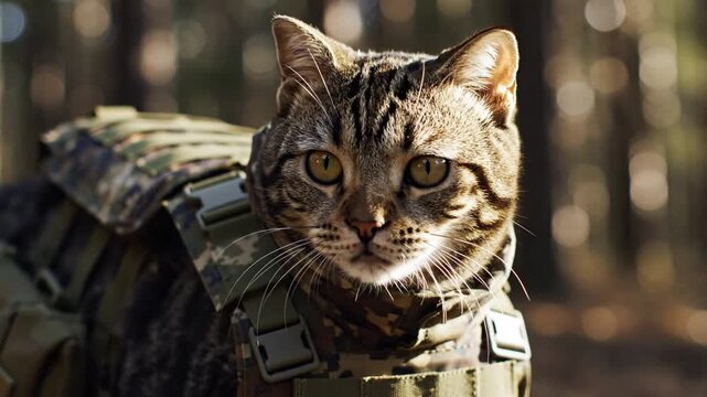A close-up portrait of a courageous cat wearing a military-style tactical vest, with a blurred forest background