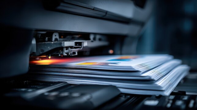 Close-up of a stack of printed papers emerging from a modern industrial printer with a warm glow