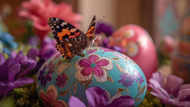 A butterfly perched on a turquoise floral-decorated Easter egg among purple flowers. Concept Butterfly close-up, Turquoise floral Easter egg, Purple flowers, Spring nature, Delicate color contrast - Powered by Adobe