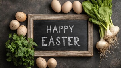 A chalkboard reads HAPPY EASTER, surrounded by eggs, parsley, and leafy greens on a dark surface. Concept Easter chalkboard, decorative eggs, parsley garnish, leafy greens, dark still life