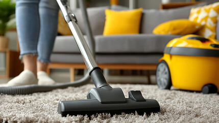 Close-up of a person vacuuming a fluffy carpet in a modern living room