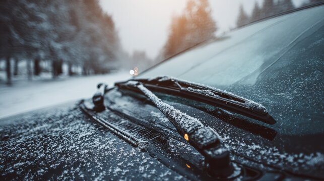 Close-up of frozen car windshield and wipers covered in frost on a cold winter morning