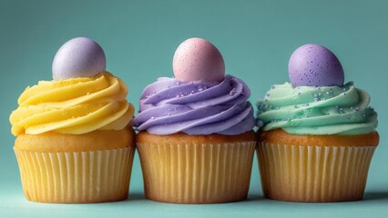 Three pastel cupcakes with bright swirled frosting in yellow, purple, and green, each topped with a speckled candy egg. Concept Pastel cupcakes, Bright swirled frosting