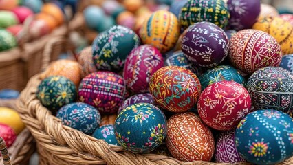 Basket of colorful, intricately patterned Easter eggs with floral and geometric designs. Concept Easter Eggs, Intricate Patterns, Floral Motifs, Geometric Designs, Spring Basket