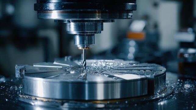 Close-up shot of a CNC milling machine drilling into a metal workpiece, creating metal shavings.