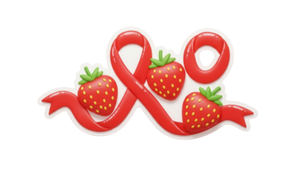 Puffy sticker style 3D illustration, ribbon and strawberry