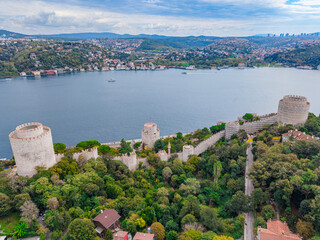 Golden Sunset on the Bosphorus Strait with Boats and Bridges