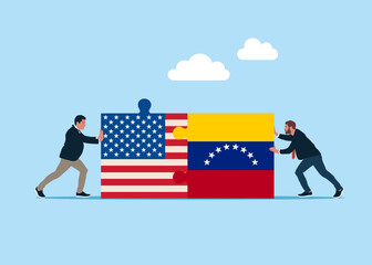 Bilateral political relations. Oil industry, energy resources, economic. Businessmen connect Venezuela and USA flags. Flat vector illustration.