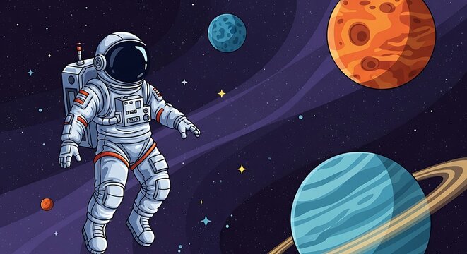 Astronaut exploring the vastness of outer space near planets and stars in a digital illustration