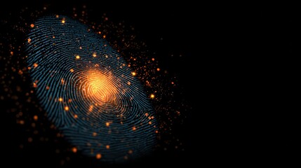 Digital biometric fingerprint scanning with glowing orange particles on dark background