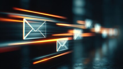 Digital email envelopes moving with speed light streaks on a dark abstract background, symbolizing fast communication and data transfer.