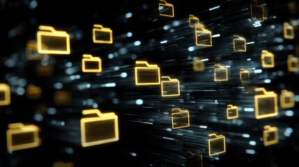 Digital file management and data storage concept featuring glowing golden folder icons in abstract cyberspace
