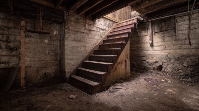 Dark and Grungy Basement Staircase in an Abandoned Building