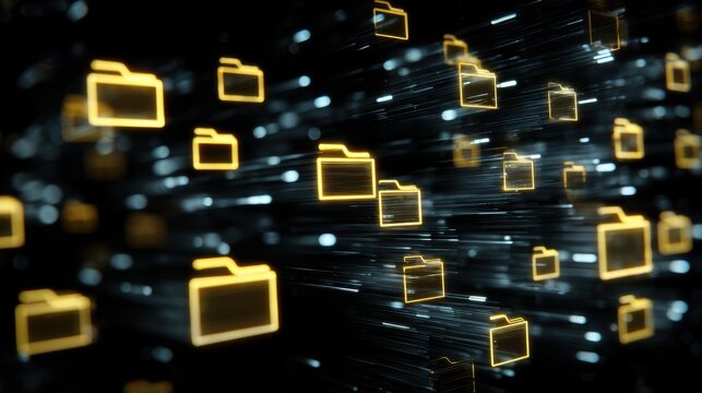Digital file management and data storage concept featuring glowing golden folder icons in abstract cyberspace - Powered by Adobe