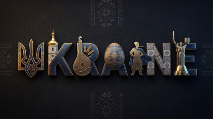 High quality 3D metal typographic image of the word Ukraine on a dark textured background that complements the identity of Ukraine