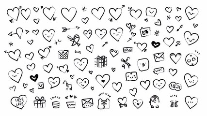 Romantic hand-drawn doodle animation featuring expressive hearts, messages and sweet symbols, alpha channel on transparent background.