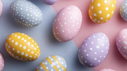Pastel Easter eggs with white polka dots scattered on a soft blue and pink background. Concept Pastel Easter Eggs, White Polka Dots, Soft Blue and Pink Background, Springtime Decor