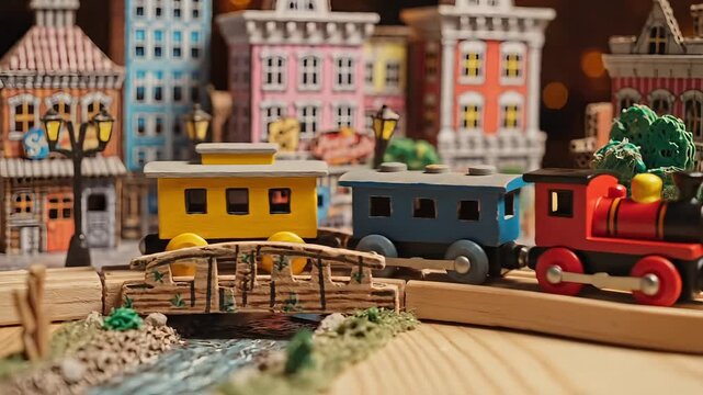 Toy train chugging along wooden tracks over a small bridge in a colorful miniature cityscape with buildings and water