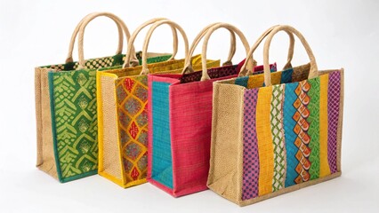 A collection of colorful jute shopping bags with handles, showcasing various patterns and designs, isolated on white background