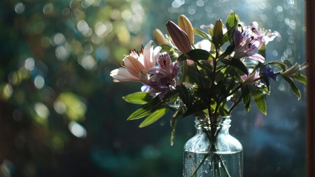 A bouquet of pink and white lilies in a glass vase on a sunlit windowsill with a blurred green background. Concept Pink and white lilies bouquet, Glass vase close-up, Sunlit windowsill still life - Powered by Adobe