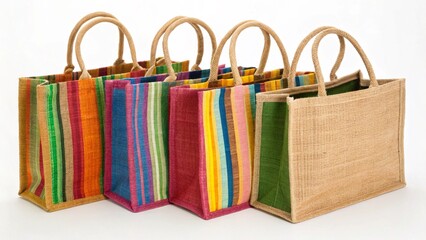 Group of decorative jute shopping bags with woven handles, displaying a variety of colorful stripe patterns, isolated on white background