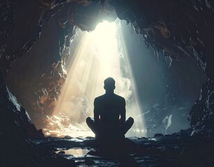 Man meditating in a cave with light shining through the opening