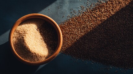 Amaranth Seeds in Wooden Bowl Against Dark Background with Spilled Seeds, Natural Light and Shadow Play in Rustic Style, Healthy Food Concept