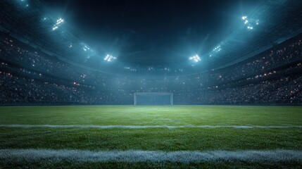 Fototapeta premium Empty soccer stadium at night under stadium lights, green grass field and goalpost, audience in the stands
