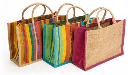 Assortment of striped and patterned jute shopping bags with rope handles, showcasing vibrant colors and textures on white
