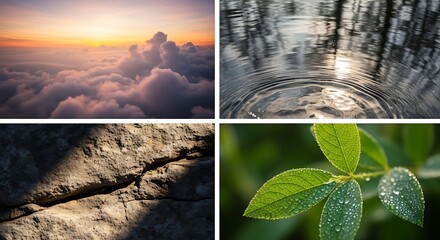 Nature's Textures and Elements: Sky, Water, Stone, Foliage in Quadruple Image
