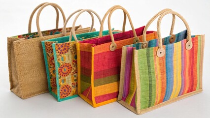A row of five diverse jute shopping bags, showcasing various patterns and colors, with handles, isolated on white background
