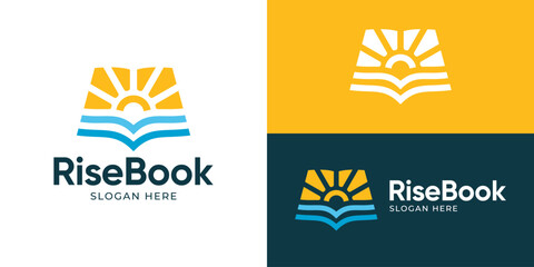 Creative simple rise book logo template. Open book with sun rise logo design vector illustration.
