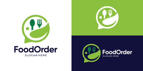Creative simple food order logo template. Fork spoon leaf with bubble chat symbol for online food logo design vector illustration.