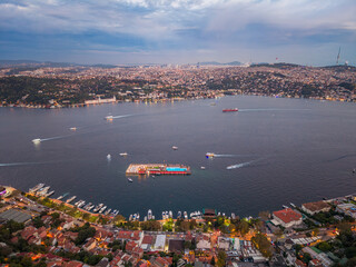 Golden Sunset on the Bosphorus Strait with Boats and Bridges