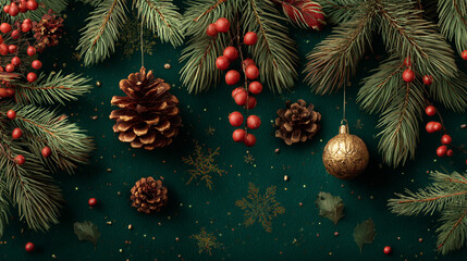 Christmas Flat Lay with Green Fir and Red Berries