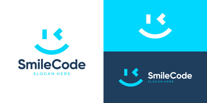 Creative simple smile code logo template. Fun code logo design vector illustration.