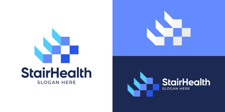 Creative simple stair health logo template. Abstract plus with staircase logo design vector illustration.