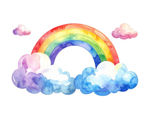 虹と白い雲の水彩イラスト