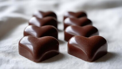 Obraz premium Dark chocolate heart-shaped chocolates arranged in rows on a white cloth. Concept Dark chocolate heart-shaped chocolates, Neat rows on white cloth, Elegant dessert display, Romantic gifting idea