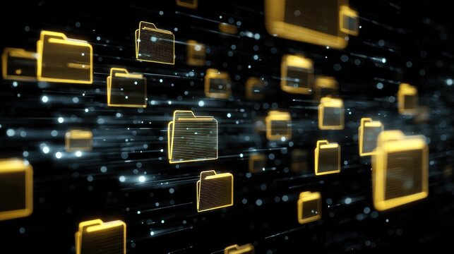 Floating digital folder icons in dark cyberspace representing cloud storage, big data management, and fast network data transfer technology - Powered by Adobe