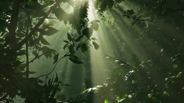Time-lapse of tropical rainforest canopy, sunlight shifting dense leaves, deep green foliage, rays piercing mist, reflections rain puddles, occasional butterfly monkey cinematic lens flare, volumetric