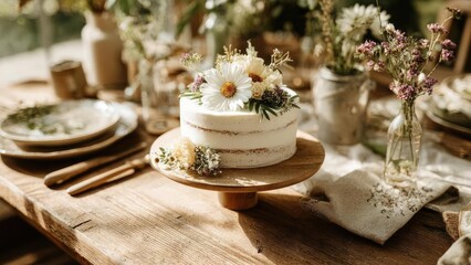 A naked-style white frosted cake topped with fresh daisies and small flowers on a wooden cake stand at a rustic table. Concept Naked cake styling, Fresh daisies on cake, Rustic wooden cake stand