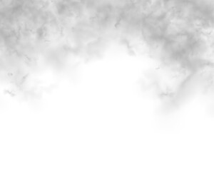 Dense black smoke curls and soft white clouds on a white background. Realistic smoke, fog, and cloud textures in 3D vector illustration style. Cutout smoke and cloud PNG file.